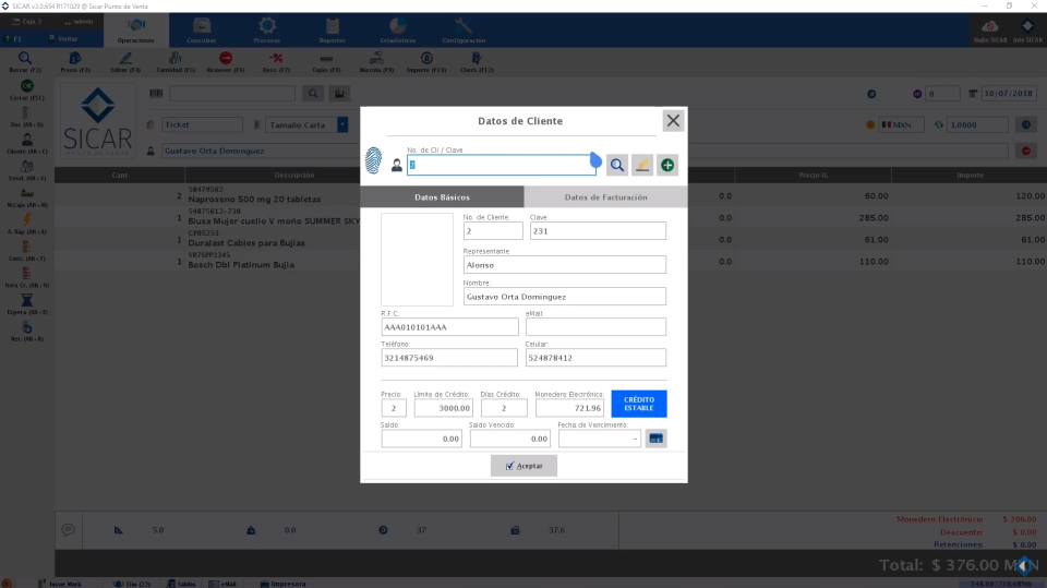 screenshot of SICAR Punto de Venta